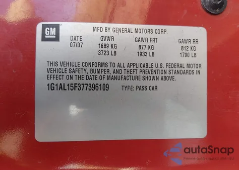 2007 Chevrolet Cobalt Lt z USA, uszkodzony, nr VIN 1G1AL15F377396109